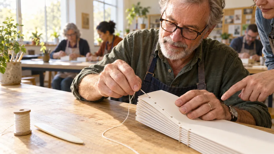An older learner works with bookbinding materials in a community class.