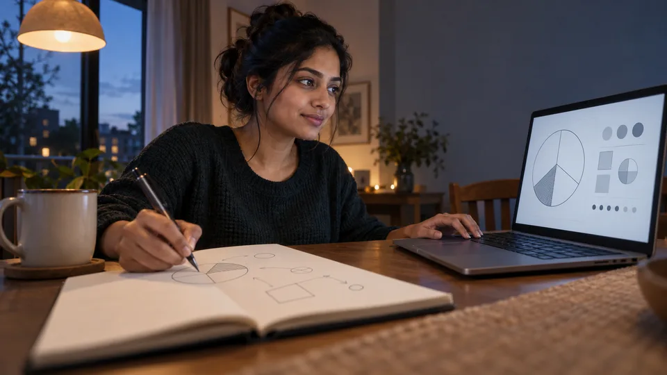 An adult learner studies an online lesson at a desk after the workday.