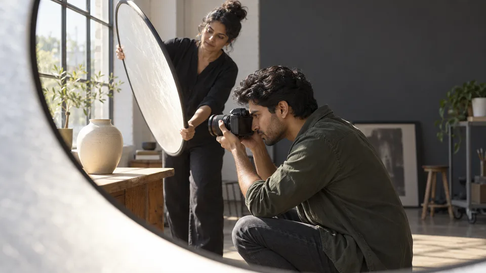 Photography learners examine an unbranded camera together during a practical workshop.