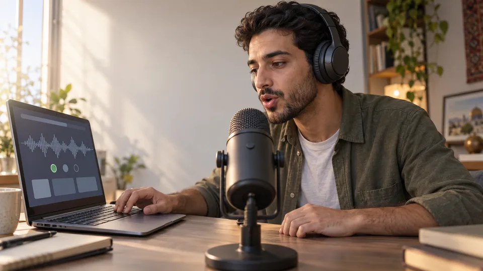 A learner practices pronunciation with headphones and a microphone.