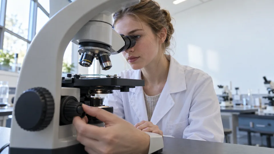 An adult science learner studies a sample through a microscope in a teaching lab.