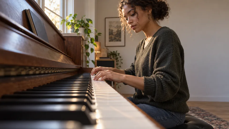 An adult learner practices notes at a keyboard during a music lesson.