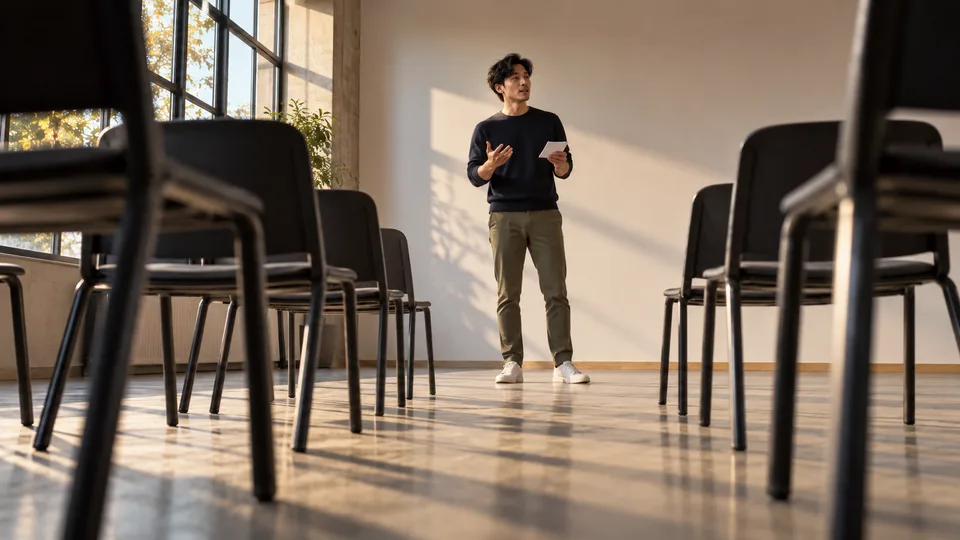 An adult rehearses a talk in front of empty chairs before an audience arrives.
