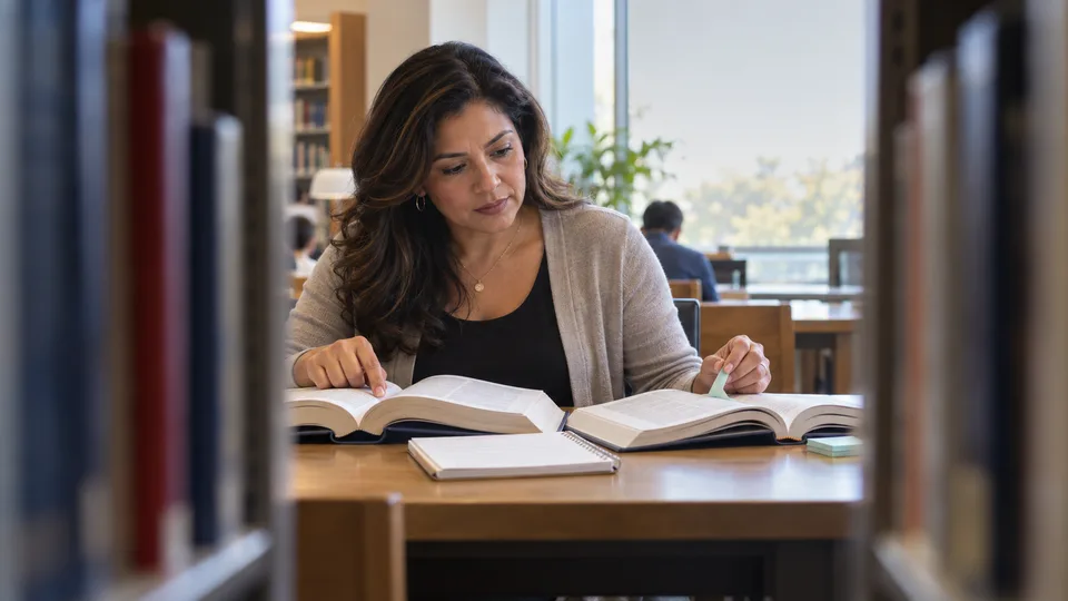 An adult learner searches through library materials between narrow book stacks.