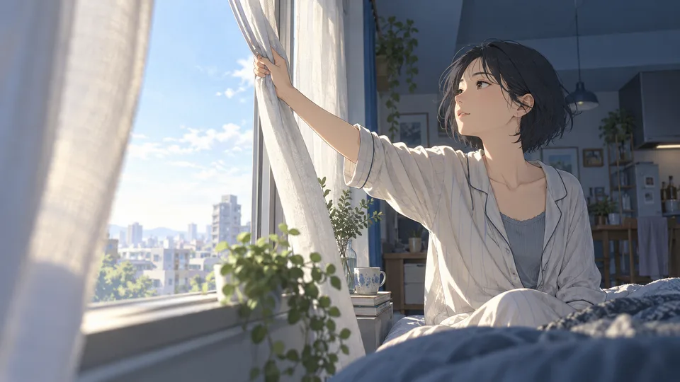An adult woman draws back a bedroom curtain as soft morning light reaches her apartment.