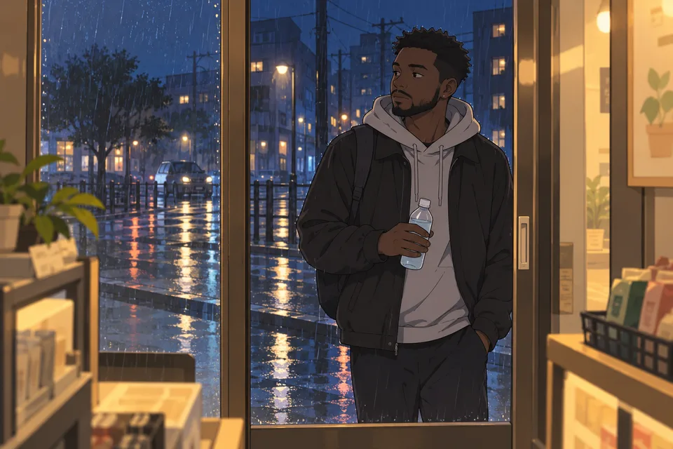 An adult man pauses outside a small shop with a drink while rain turns the night street blue.