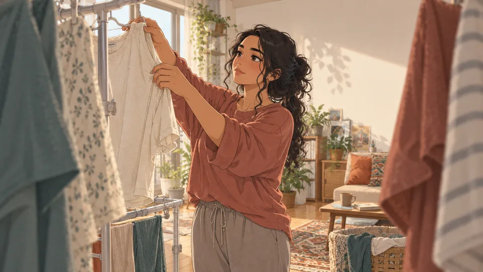 An adult woman hangs a shirt among drying clothes in a bright, compact apartment.