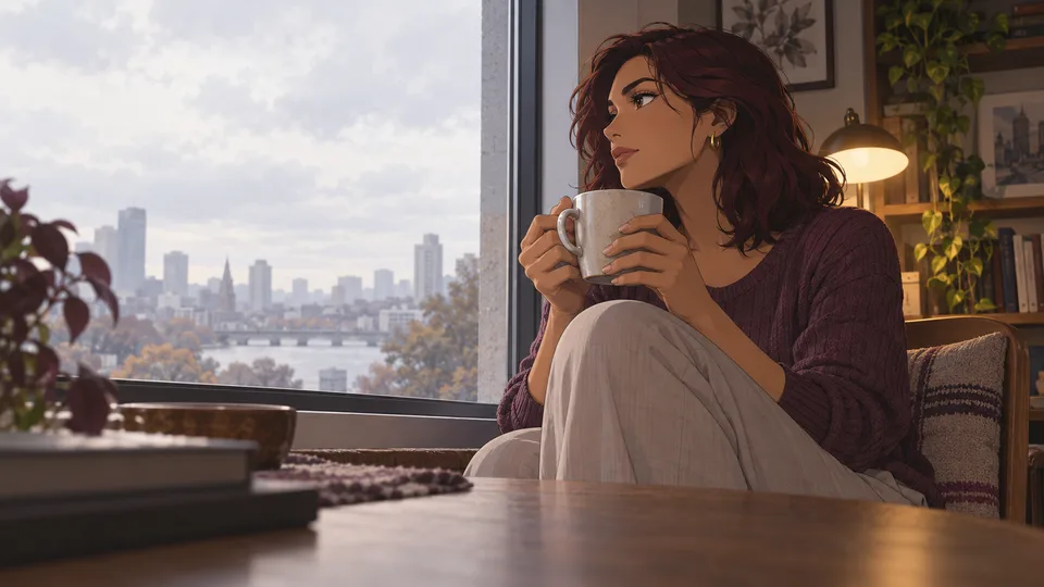 An adult woman holds a warm cup beside a city-facing window on a quiet afternoon.