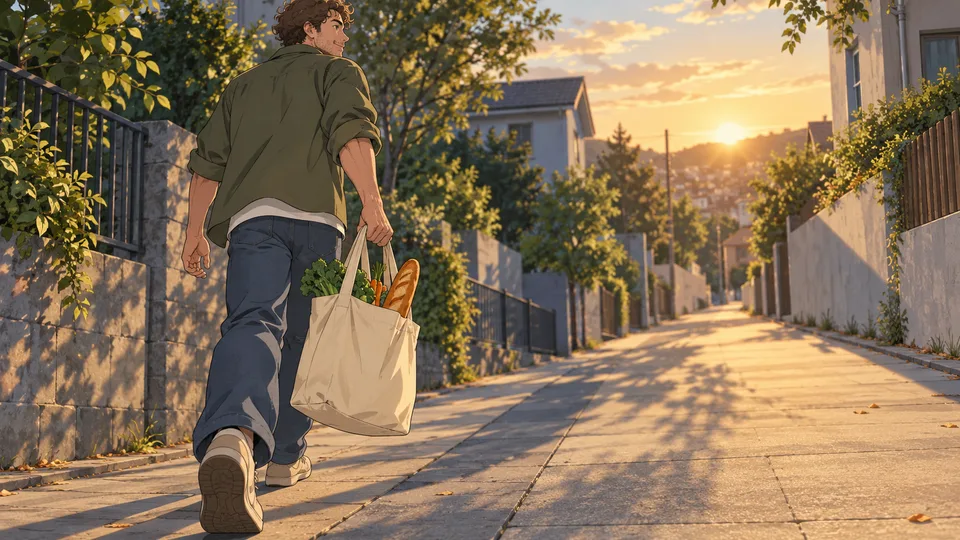 An adult man carries a canvas grocery bag along a sunlit residential sidewalk.