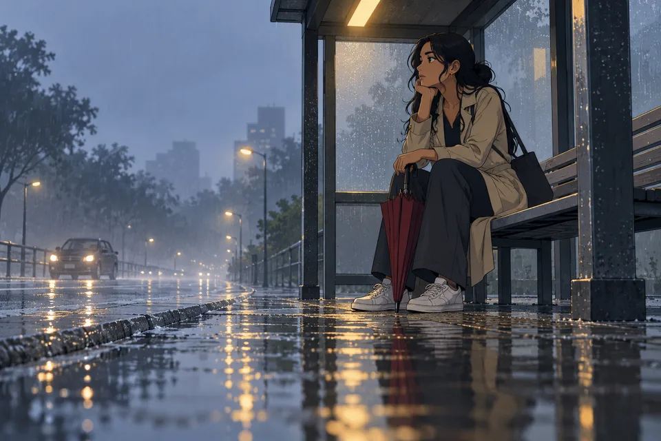 An adult woman waits inside a lit bus shelter as rain softens the road beyond.