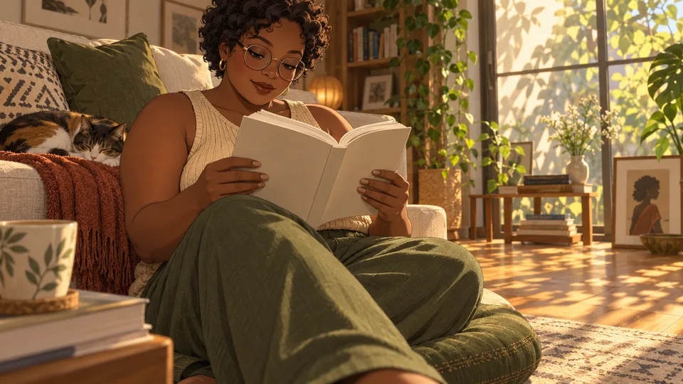 An adult woman reads at home in warm afternoon light with books and a quiet room around her.
