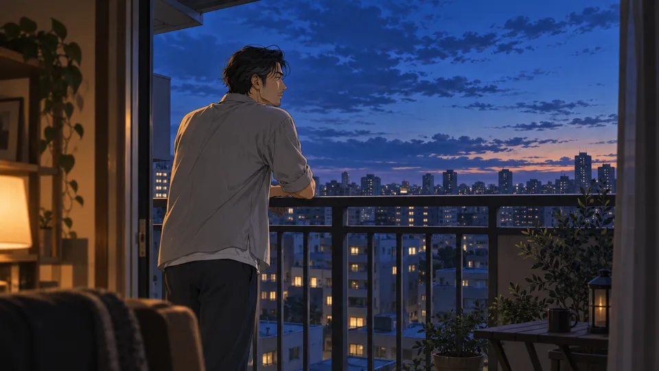 An adult man looks across an anonymous city from his apartment balcony at dusk.