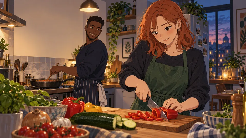 Two adult friends prepare dinner together, one chopping vegetables while the other cooks.