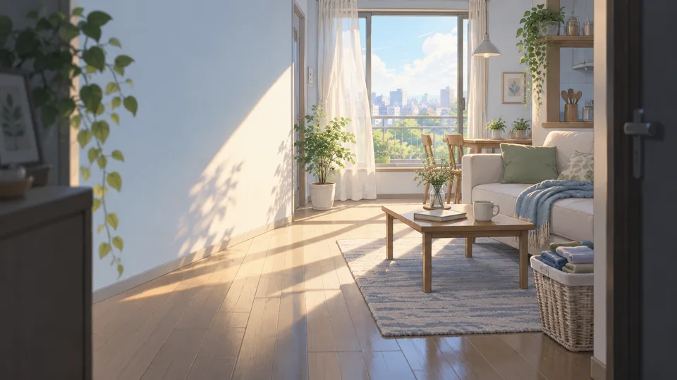 A tidy apartment opens toward a sunlit window after a weekend home reset.