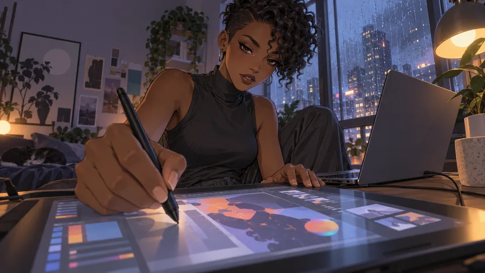 An adult designer works with a pen tablet beside a laptop during an evening deadline.