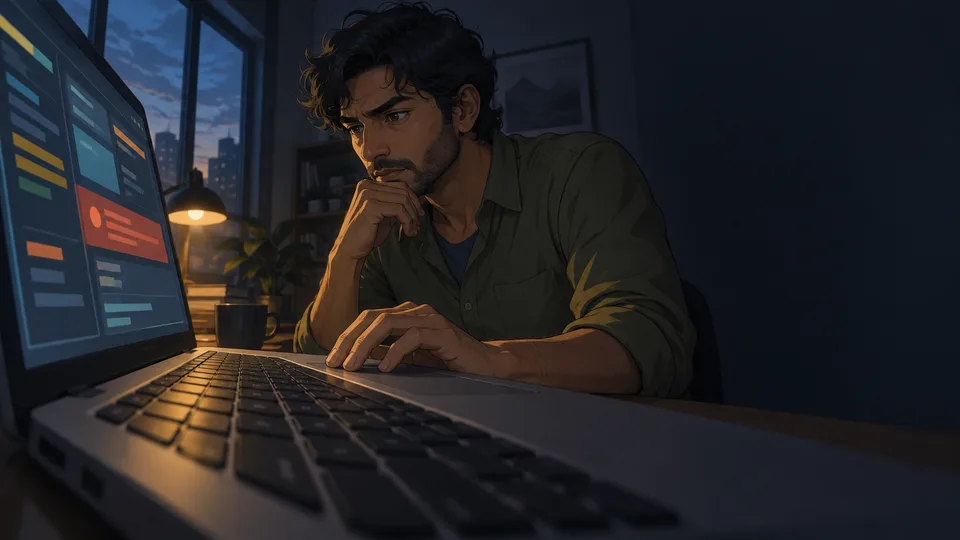 An adult developer studies abstract code-like panels on a laptop in a quiet room.