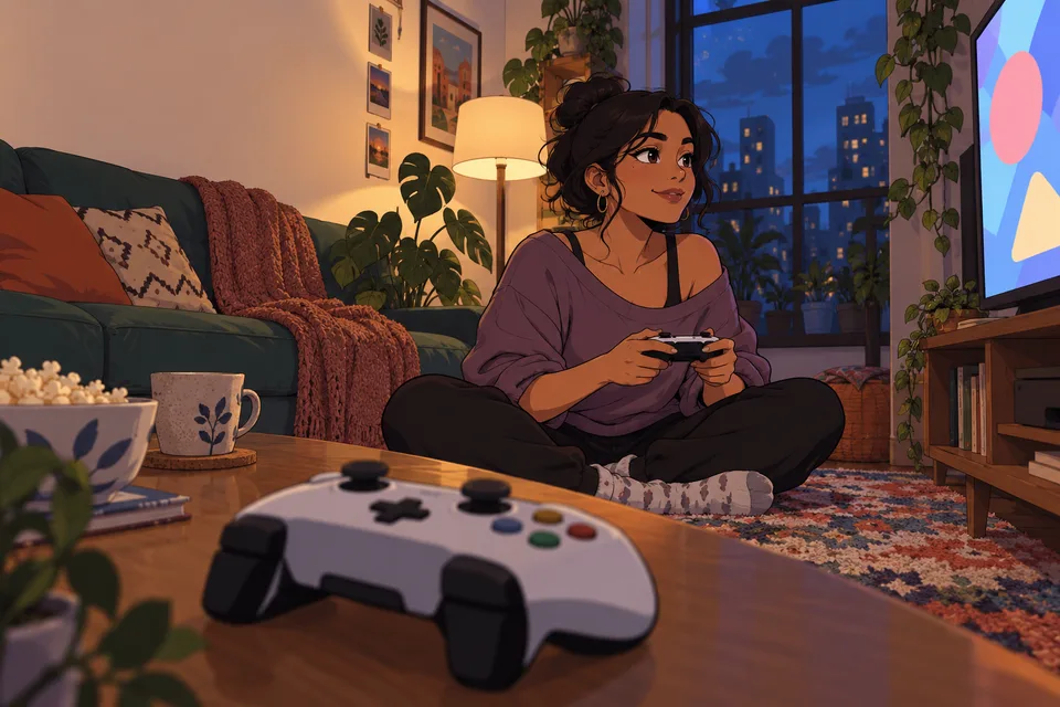 An adult woman holds a generic game controller while another waits on the coffee table.