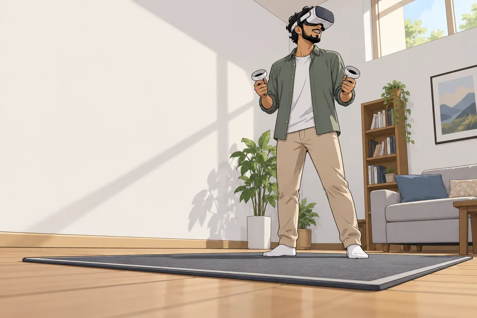 An adult man tries a generic VR headset and two controllers while standing within a clear floor mat.