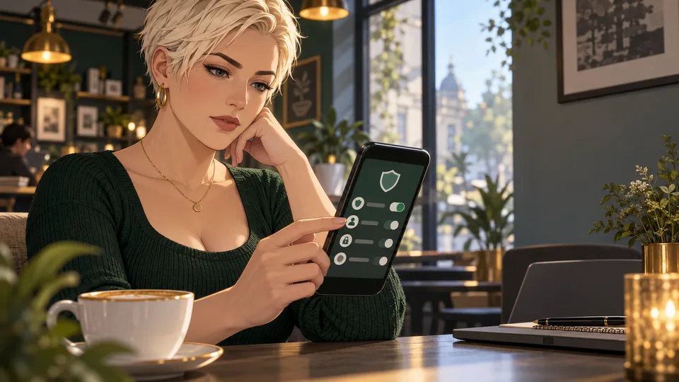 An adult woman checks abstract security settings on her phone at a cafe table.