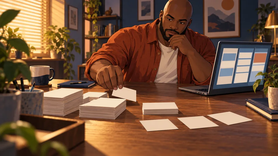 An adult freelancer sorts blank invoice cards beside a laptop in late-day light.