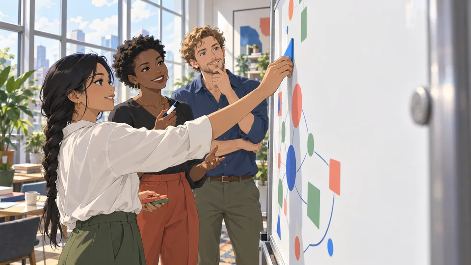 Three adults build an abstract plan together on a bright meeting-room whiteboard.