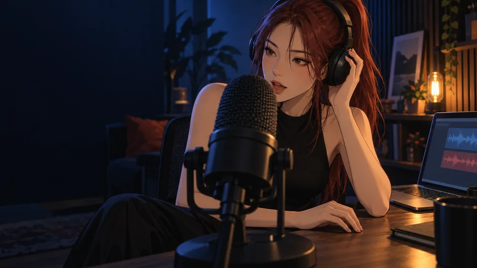 An adult woman speaks toward a studio microphone while monitoring an abstract audio display.