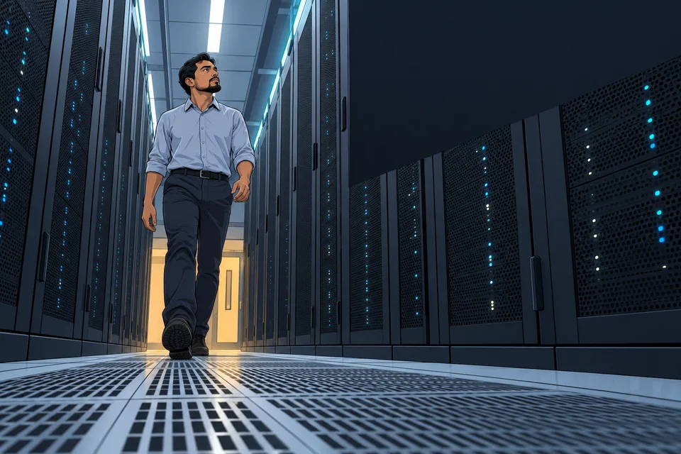 An adult technician walks a clear aisle between tall server racks, inspecting the infrastructure.