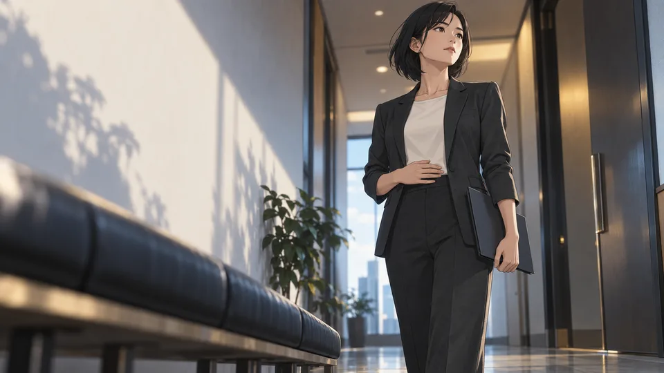 An adult woman pauses in a corridor with a closed folder before an important meeting.