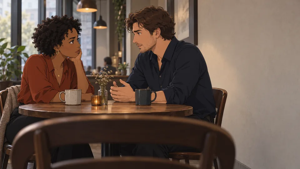 Two adults speak seriously but calmly across a cafe table.