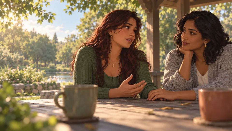 Two adult women talk at an outdoor table, one listening closely as the other speaks.