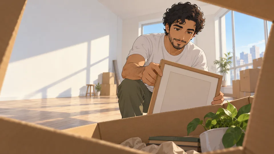 An adult man lifts a framed piece from a moving box in a mostly empty apartment.