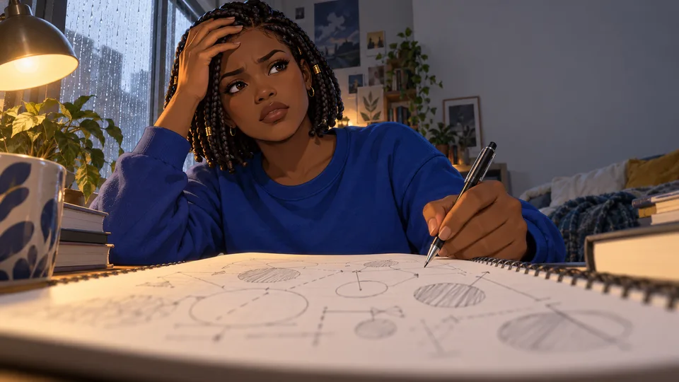 An adult woman pauses over abstract study diagrams with a pen still in hand.