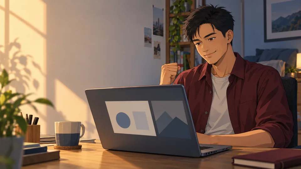 An adult man gives a restrained fist pump after finishing a task on his laptop.