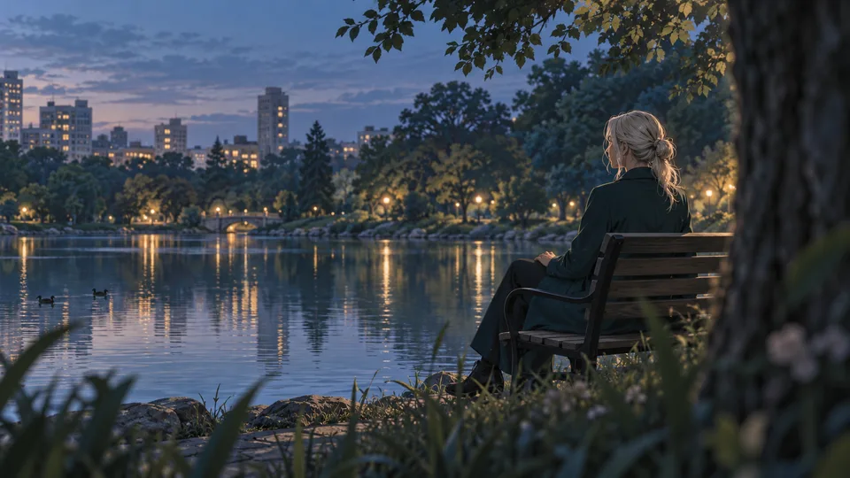 An adult woman sits alone beside a calm urban pond at blue hour.