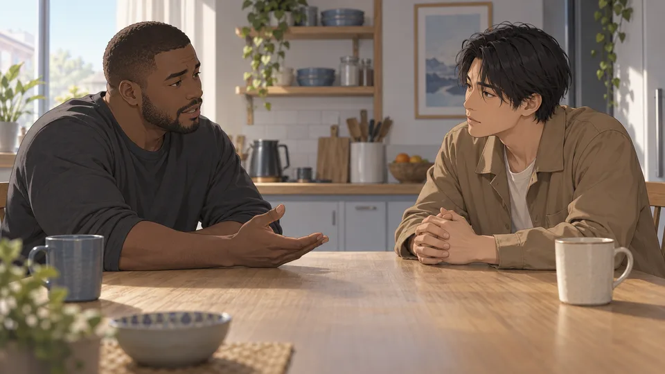 Two adult men sit at a kitchen table, one speaking with an open hand while the other listens.