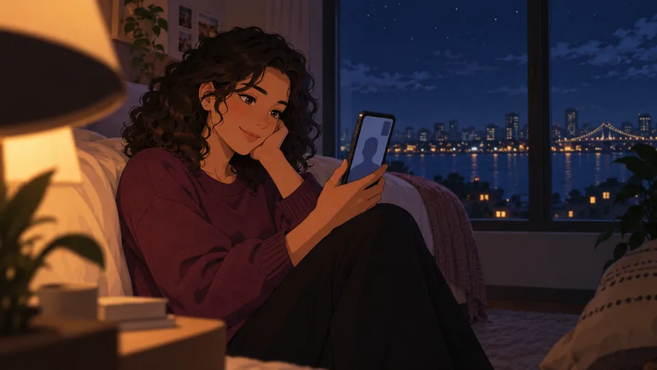 An adult woman smiles at a phone call by a night window and warm bedside lamp.