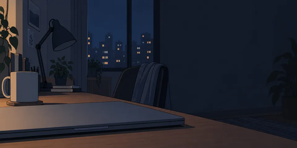 A closed laptop, unlit desk lamp and empty chair mark the end of a home-office day.