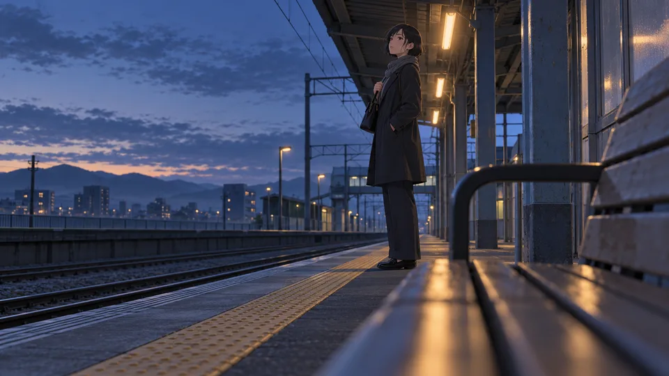 An adult traveler waits safely on a nearly empty platform under pre-dawn station lights.