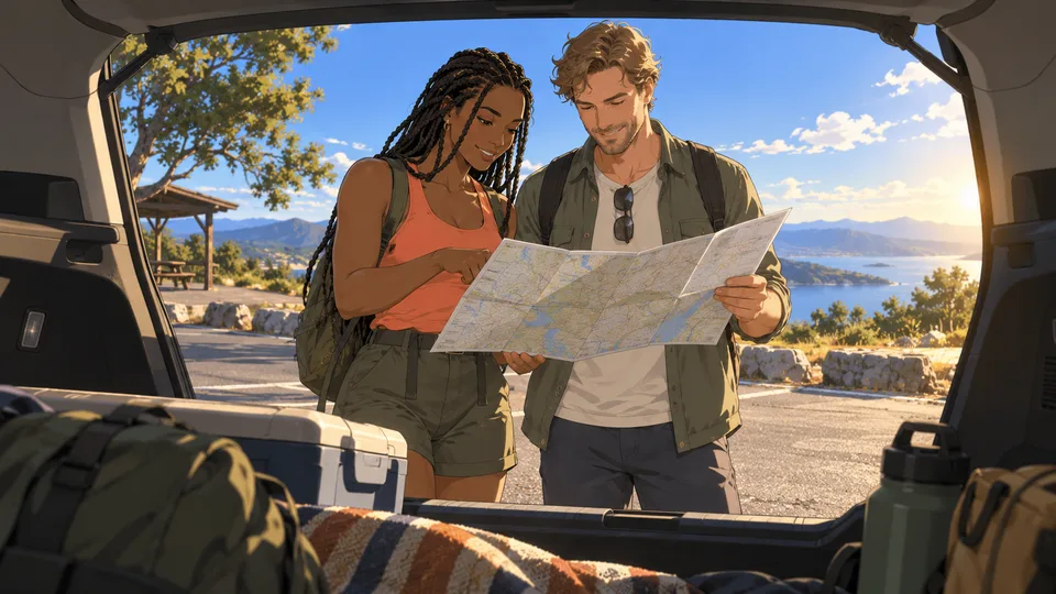 Two adult travelers study a paper map beside the open trunk of a parked car.