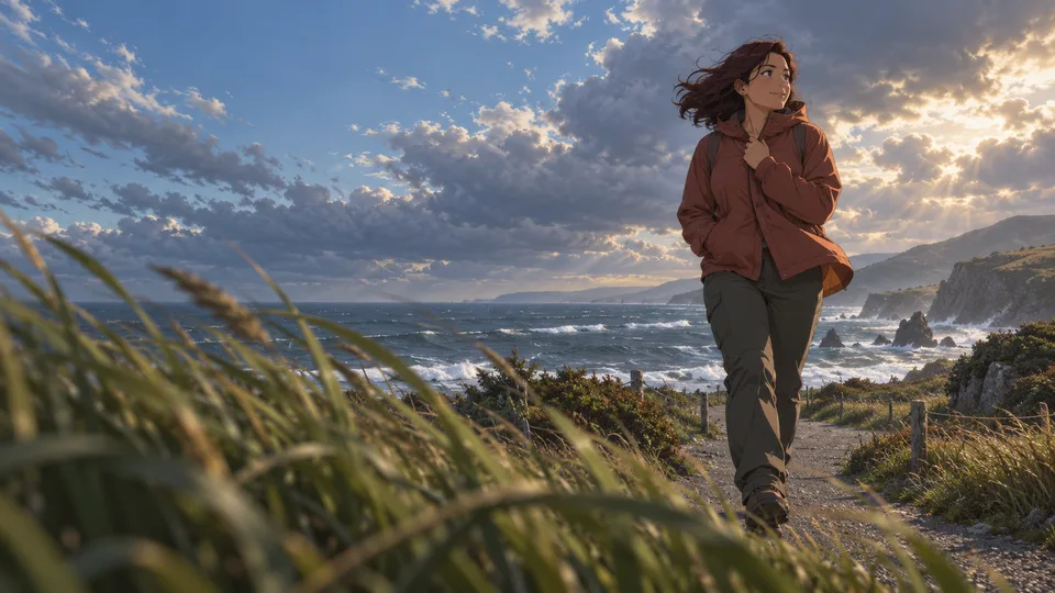 An adult woman braces against the breeze on a grassy path above an open coastline.