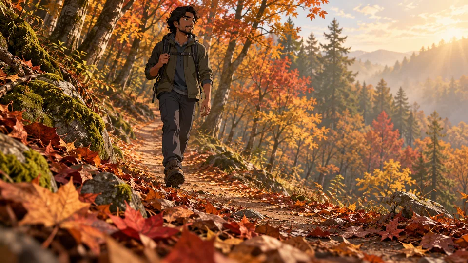 An adult hiker walks through autumn woodland with fallen leaves close to the lens.
