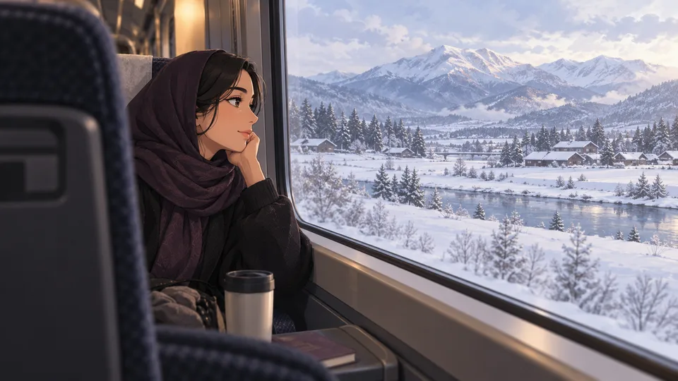 An adult woman watches snow-covered countryside from a warm train seat.