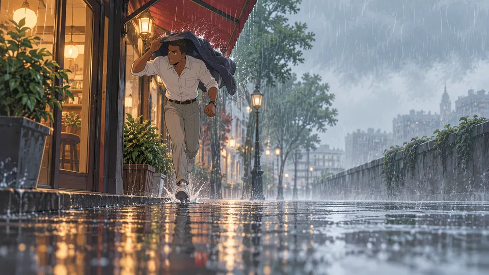 An adult man hurries toward a shop awning as rain splashes across the street.
