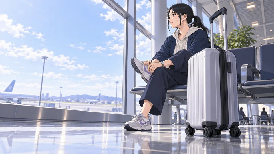 An adult woman rests beside one carry-on suitcase near a bright terminal window.
