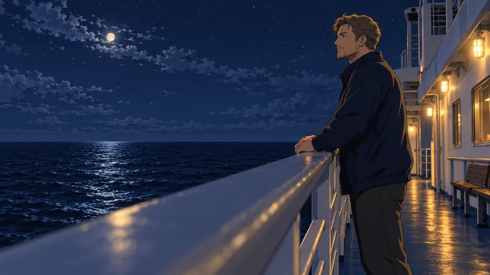 An adult man stands safely behind a ferry railing and looks over dark open water.