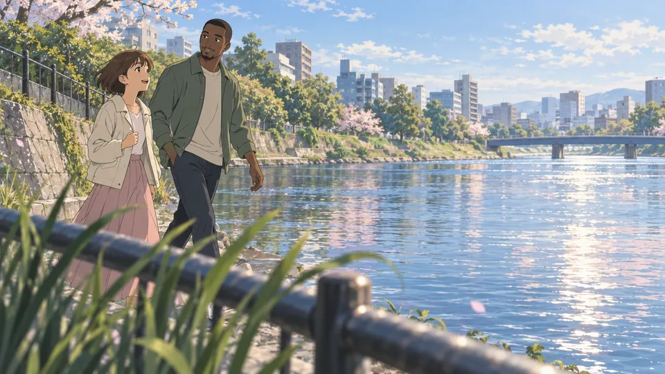 Two adult friends walk beside an anonymous urban river under soft spring light.