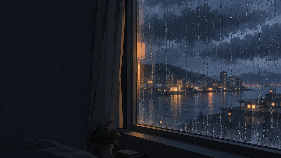 Rain streaks a window above an indistinct harbor city while a dark room frames the view.