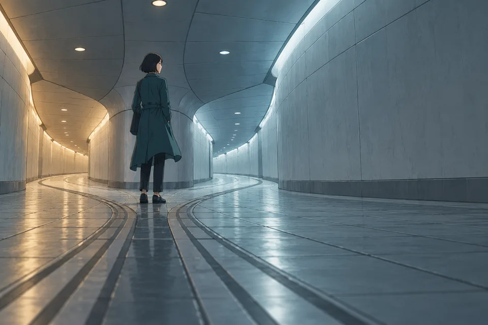 An adult woman stands where a quiet pedestrian passage divides into two routes.