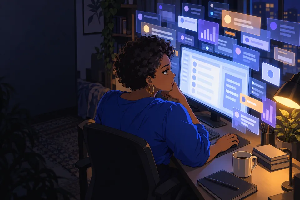 An adult woman faces layered abstract panels around a desk monitor at night.