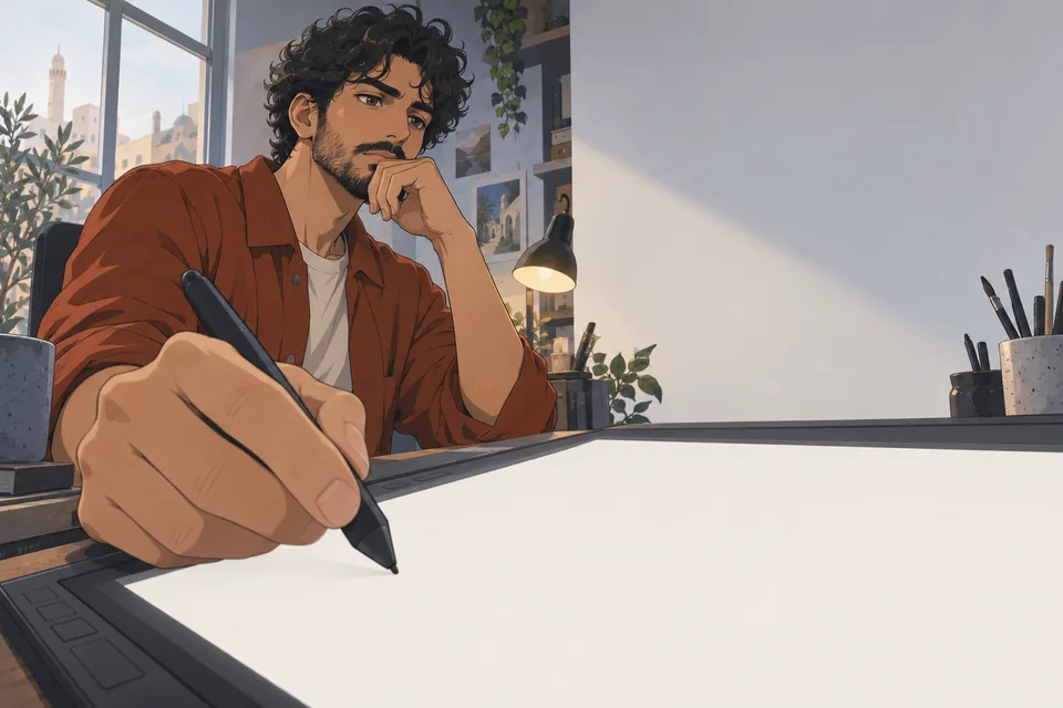 An adult artist holds a stylus above a blank drawing tablet, pausing to think.